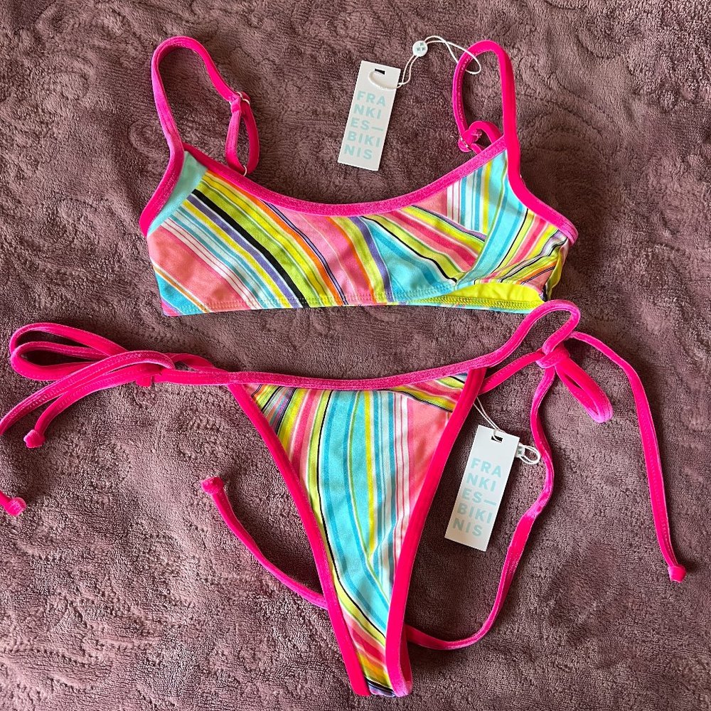 Frankie's Bikinis Neon Pink Trim Multicolor Stripe Bikini